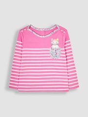 Fuchsia Pink Cat - JoJo Maman Bébé Cotton Long Sleeve Pocket Breton Top - Изображение 1 из 3