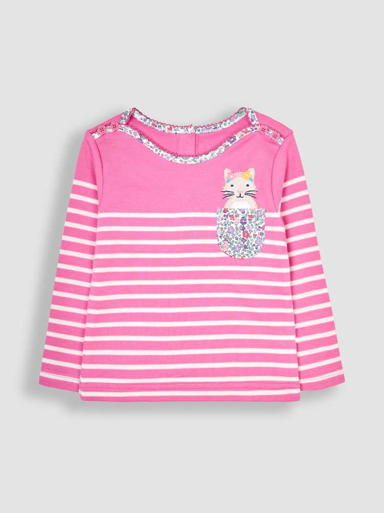 Fuchsia Pink Cat - JoJo Maman Bébé Cotton Long Sleeve Pocket Breton Top - Изображение 1 из 3