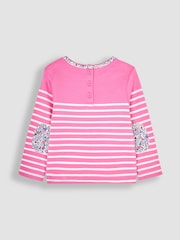 Fuchsia Pink Cat - JoJo Maman Bébé Cotton Long Sleeve Pocket Breton Top - Изображение 2 из 3
