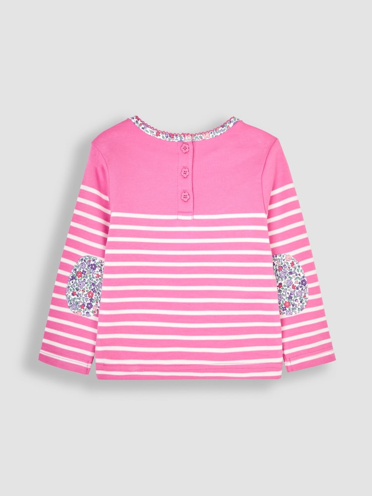 Fuchsia Pink Cat - JoJo Maman Bébé Cotton Long Sleeve Pocket Breton Top - Изображение 2 из 3