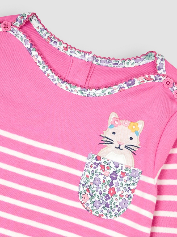 Fuchsia Pink Cat - JoJo Maman Bébé Cotton Long Sleeve Pocket Breton Top - Изображение 3 из 3
