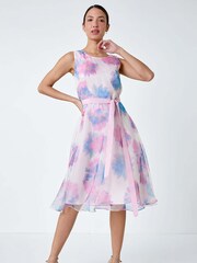 Roman Pink Floral Print Organza Fit & Flare Dress - Image 1 of 5