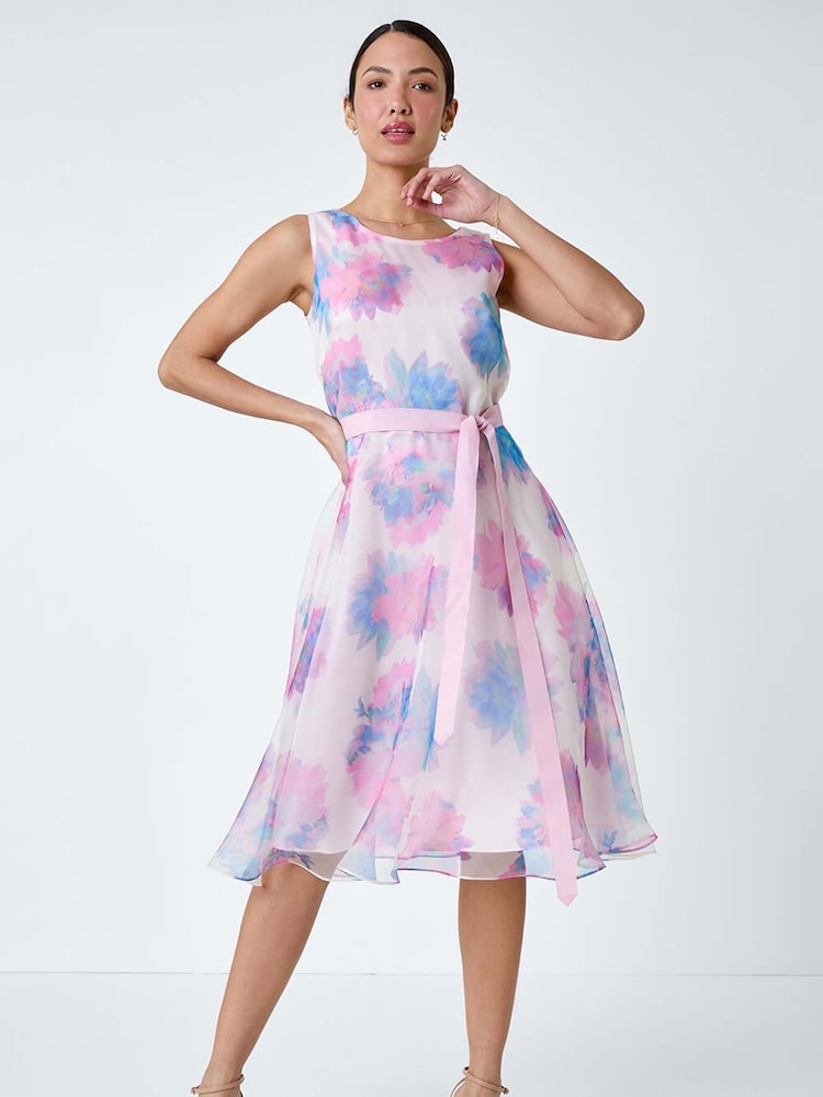 Roman Pink Floral Print Organza Fit & Flare Dress - Image 1 of 5
