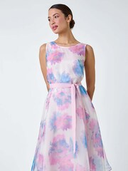 Roman Pink Floral Print Organza Fit & Flare Dress - Image 2 of 5