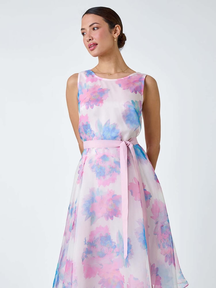 Roman Pink Floral Print Organza Fit & Flare Dress - Image 2 of 5
