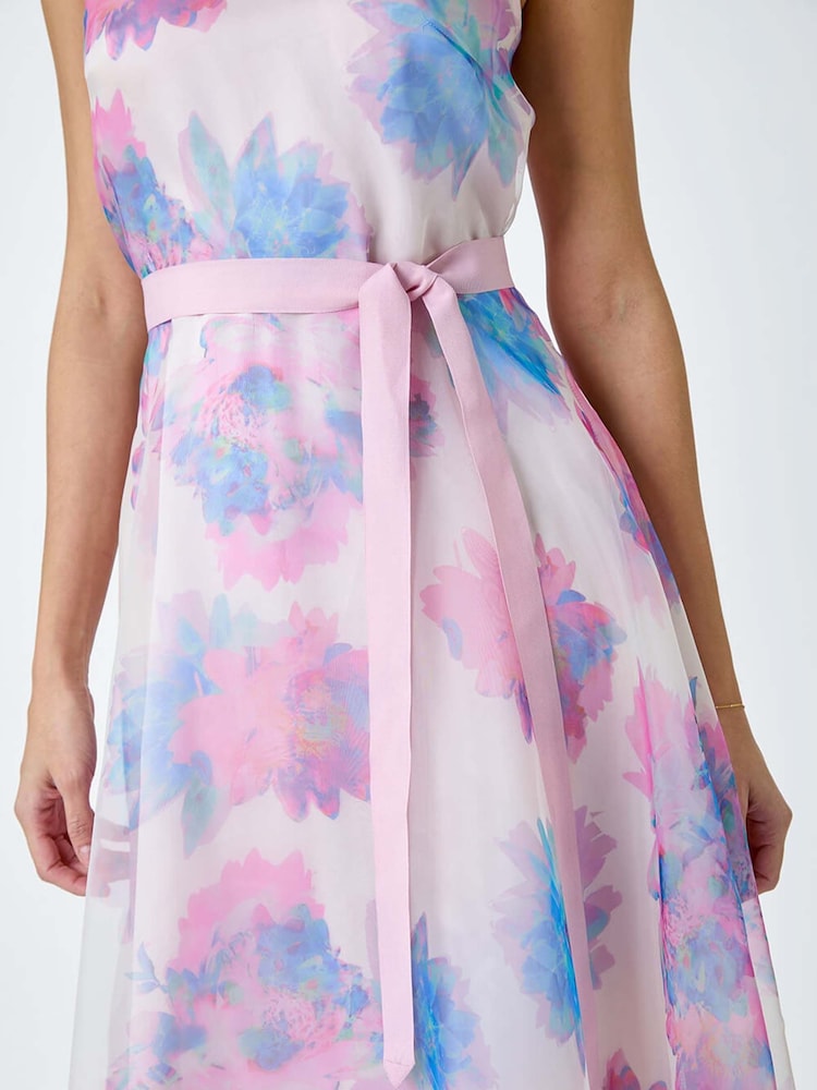 Roman Pink Floral Print Organza Fit & Flare Dress - Image 5 of 5