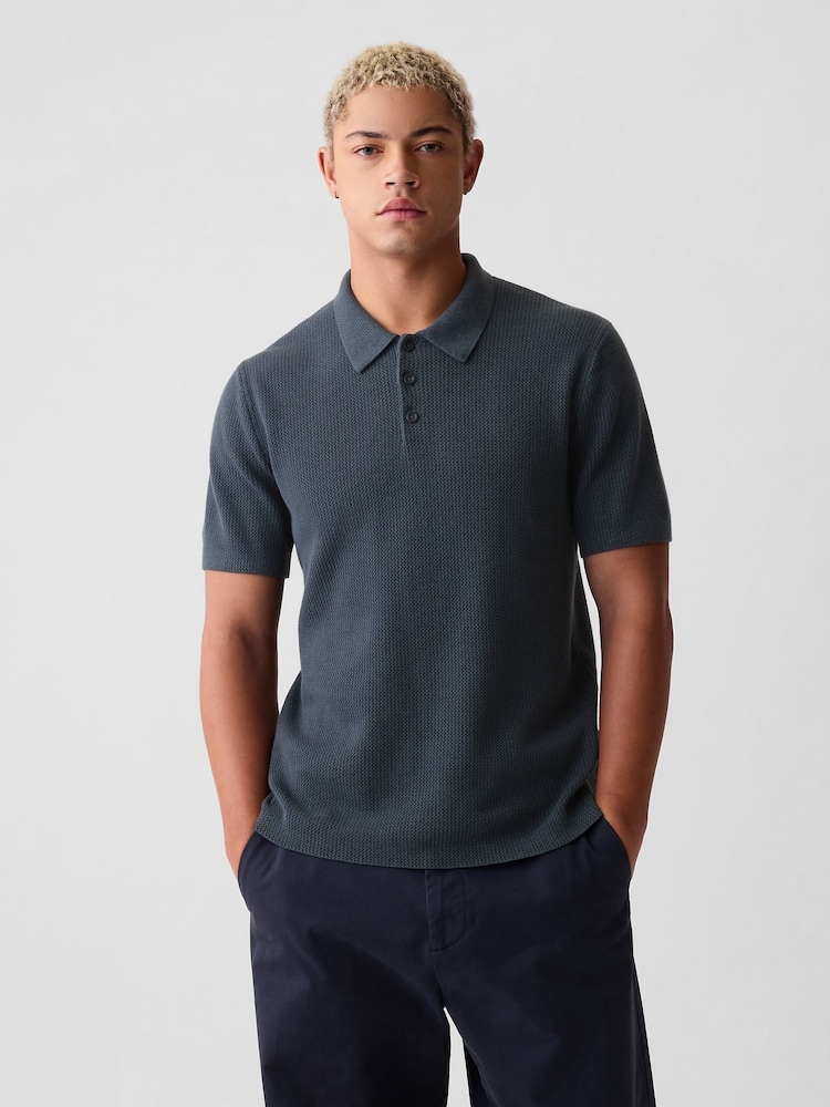 Gap Blue Cotton Textured Short Sleeve Polo Shirt - Image 1 of 4 Gap Blue Cotton Textured Short Sleeve Polo Shirt - Image 1 of 4