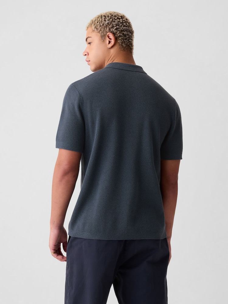 Gap Blue Cotton Textured Short Sleeve Polo Shirt - Image 2 of 4 Gap Blue Cotton Textured Short Sleeve Polo Shirt - Image 2 of 4