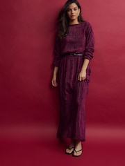 Burgundy Red Long Sleeve Velvet Maxi Dress - Image 2 of 9