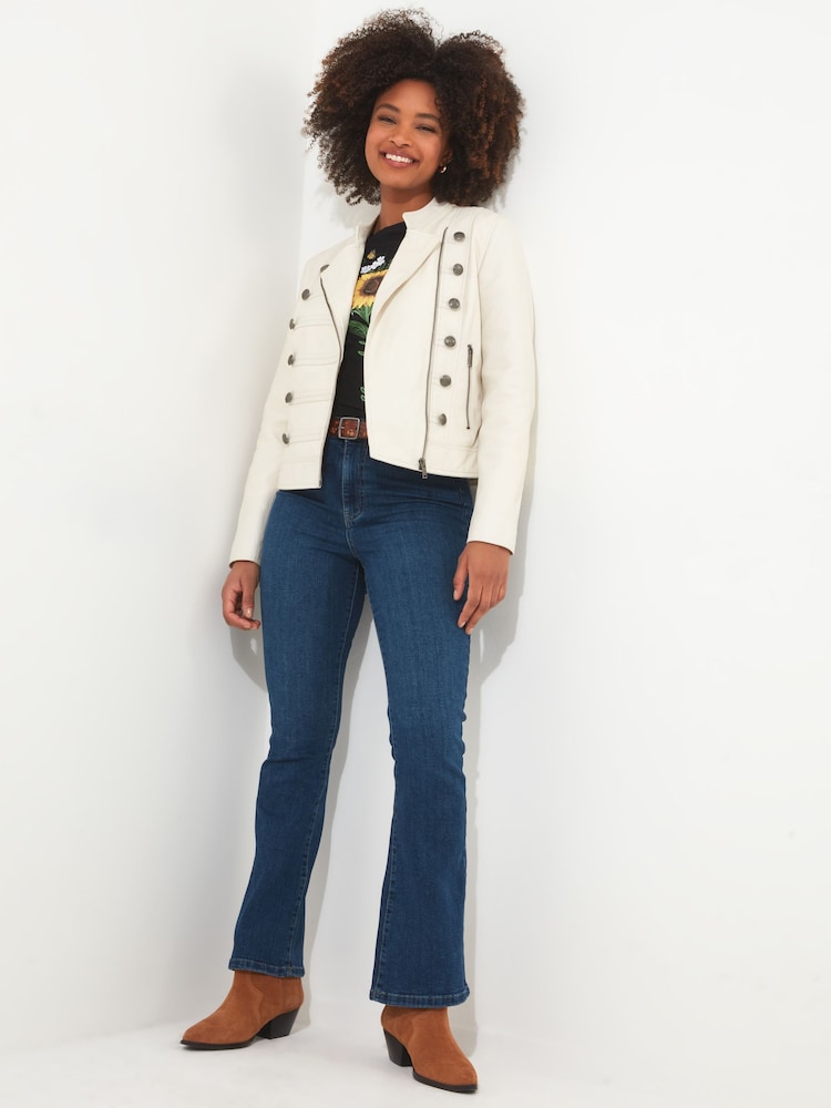 Joe Browns Cream Mandarin Collar Cropped Leather Jacket - Image 2 of 6