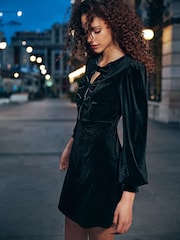 Black Diamante Long Sleeve Velvet Bow  Mini Dress - Image 2 of 5