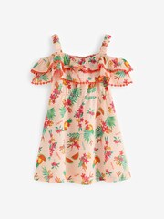River Island Pink Girls 100% Cotton Bardot Melon Print Dress - Image 1 of 1