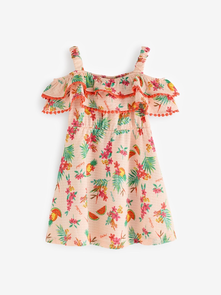 River Island Pink Girls 100% Cotton Bardot Melon Print Dress - Image 1 of 1