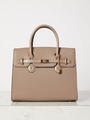Lipsy Camel Faux Leather Lock Detail Top Handle Tote Bag - Image 1 of 4