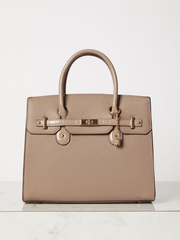 Lipsy Camel Faux Leather Lock Detail Top Handle Tote Bag - Image 1 of 4