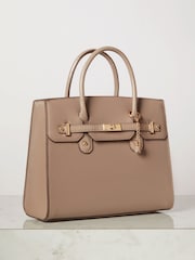 Lipsy Camel Faux Leather Lock Detail Top Handle Tote Bag - Image 3 of 4