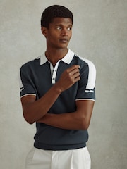 Reiss Steel Blue/ Off White Brunswick Wool-Cotton Contrast Polo Shirt - Image 1 of 6