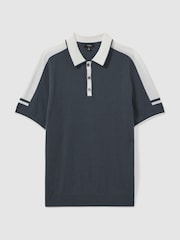 Reiss Steel Blue/ Off White Brunswick Wool-Cotton Contrast Polo Shirt - Image 2 of 6