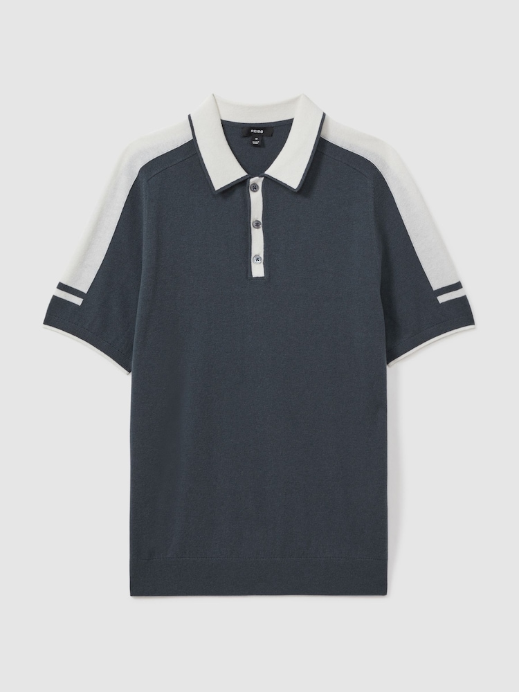 Reiss Steel Blue/ Off White Brunswick Wool-Cotton Contrast Polo Shirt - Image 2 of 6