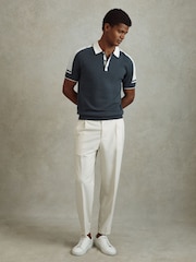 Reiss Steel Blue/ Off White Brunswick Wool-Cotton Contrast Polo Shirt - Image 3 of 6