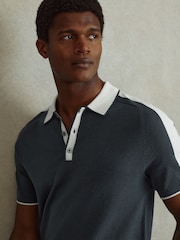 Reiss Steel Blue/ Off White Brunswick Wool-Cotton Contrast Polo Shirt - Image 4 of 6