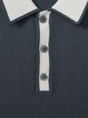 Reiss Steel Blue/ Off White Brunswick Wool-Cotton Contrast Polo Shirt - Image 6 of 6