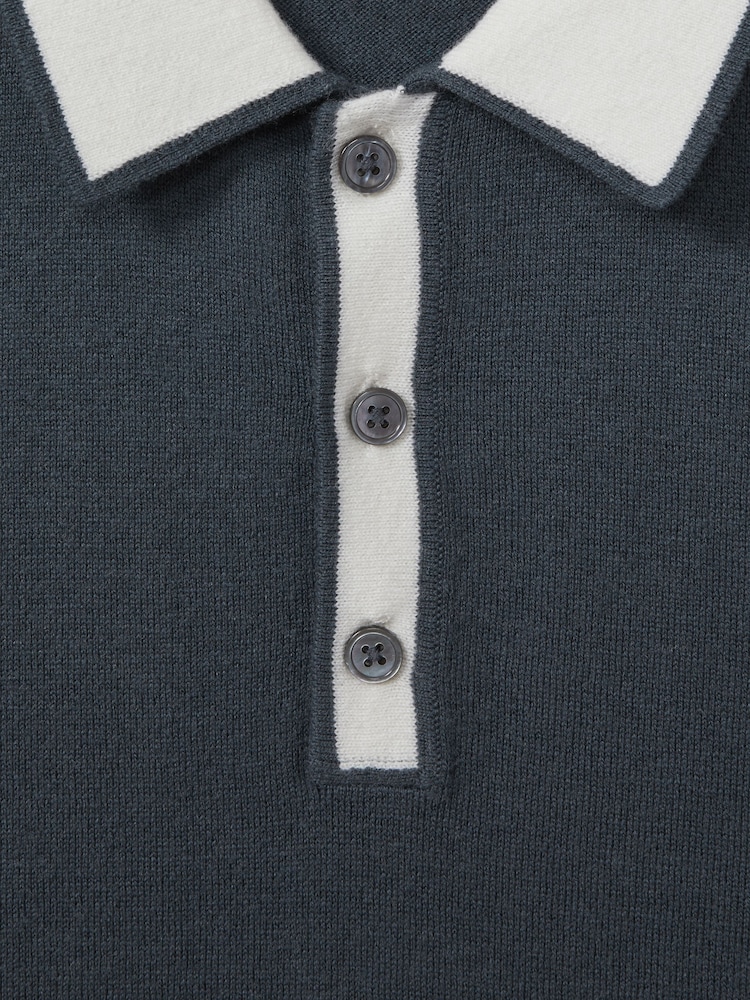 Reiss Steel Blue/ Off White Brunswick Wool-Cotton Contrast Polo Shirt - Image 6 of 6