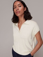 Whistles Natural Lyla Short Sleeve Polo Shirt - Image 1 of 5