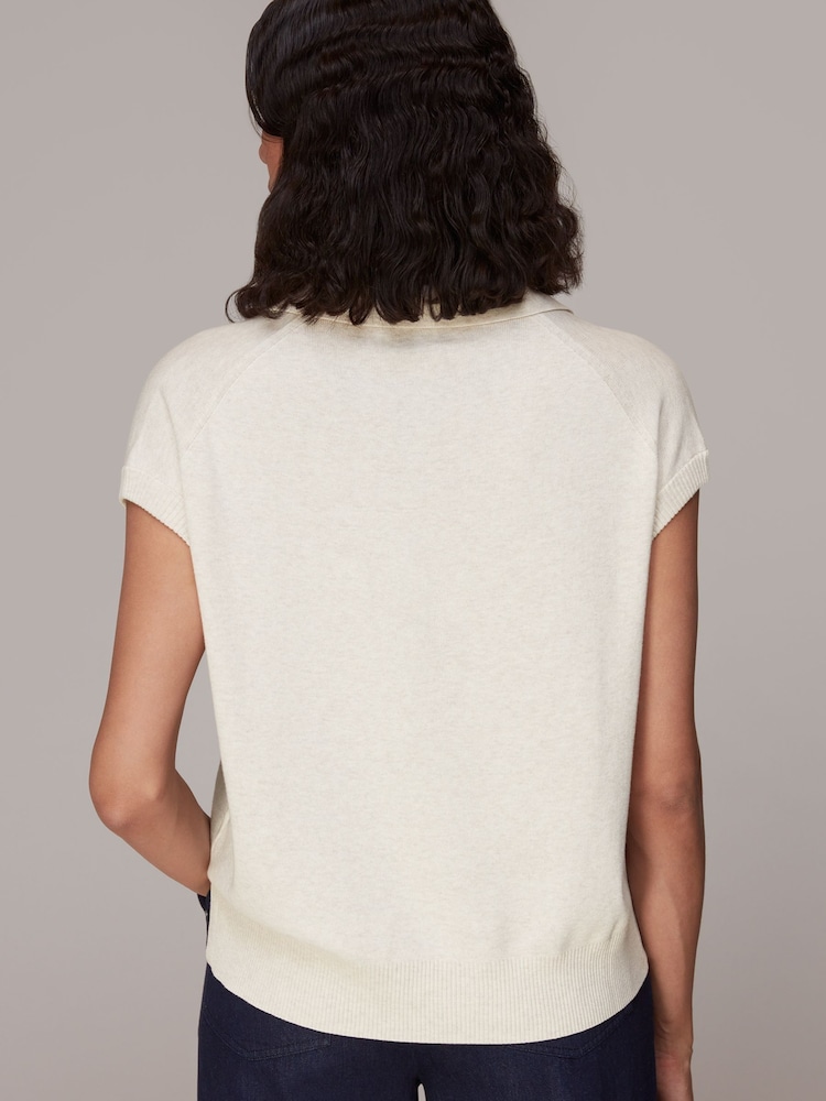 Whistles Natural Lyla Short Sleeve Polo Shirt - Image 2 of 5