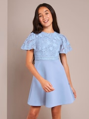Lipsy Light Blue 2In1 Flutter Sleeve Lace Occasion Dress - Image 1 of 4