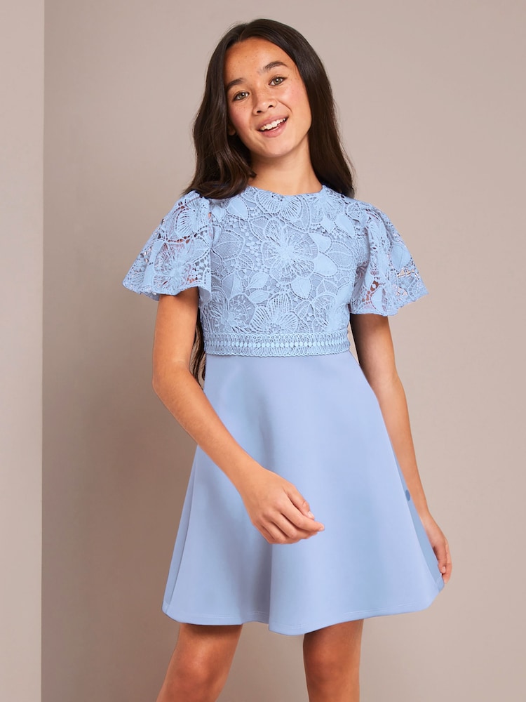 Lipsy Light Blue 2In1 Flutter Sleeve Lace Occasion Dress - Image 1 of 4