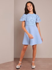 Lipsy Light Blue 2In1 Flutter Sleeve Lace Occasion Dress - Image 2 of 4