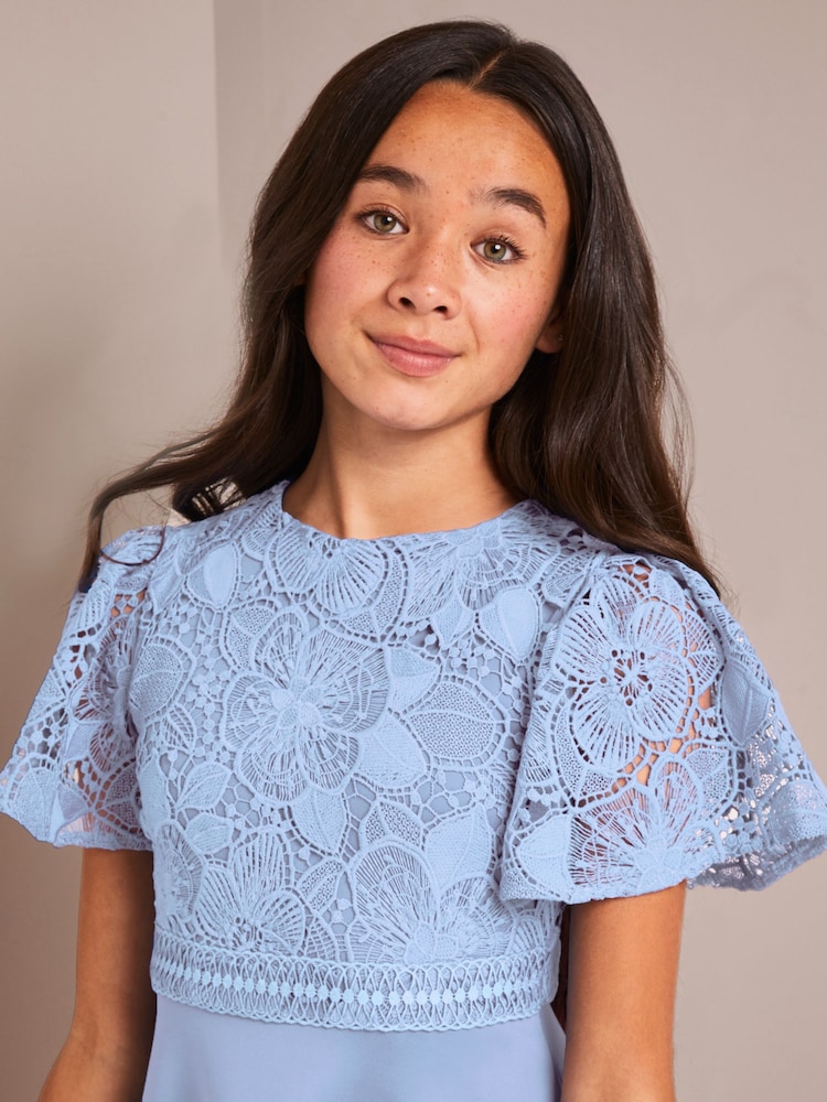 Lipsy Light Blue 2In1 Flutter Sleeve Lace Occasion Dress - Image 4 of 4