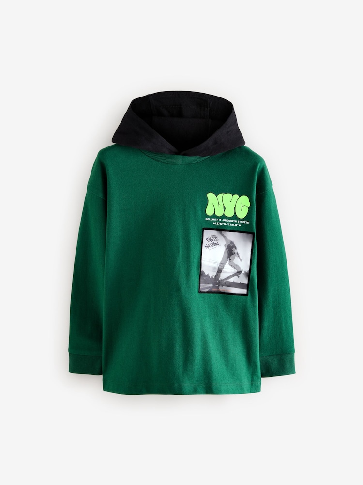 Green Hooded Long Sleeve Skate 100% Cotton T-Shirt (3-16yrs) - Image 1 of 4 Green Hooded Long Sleeve Skate 100% Cotton T-Shirt (3-16yrs) - Image 1 of 4