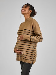 JoJo Maman Bébé Camel Brown Stripe Turtle Neck Maternity & Nursing Jumper - Image 1 of 4
