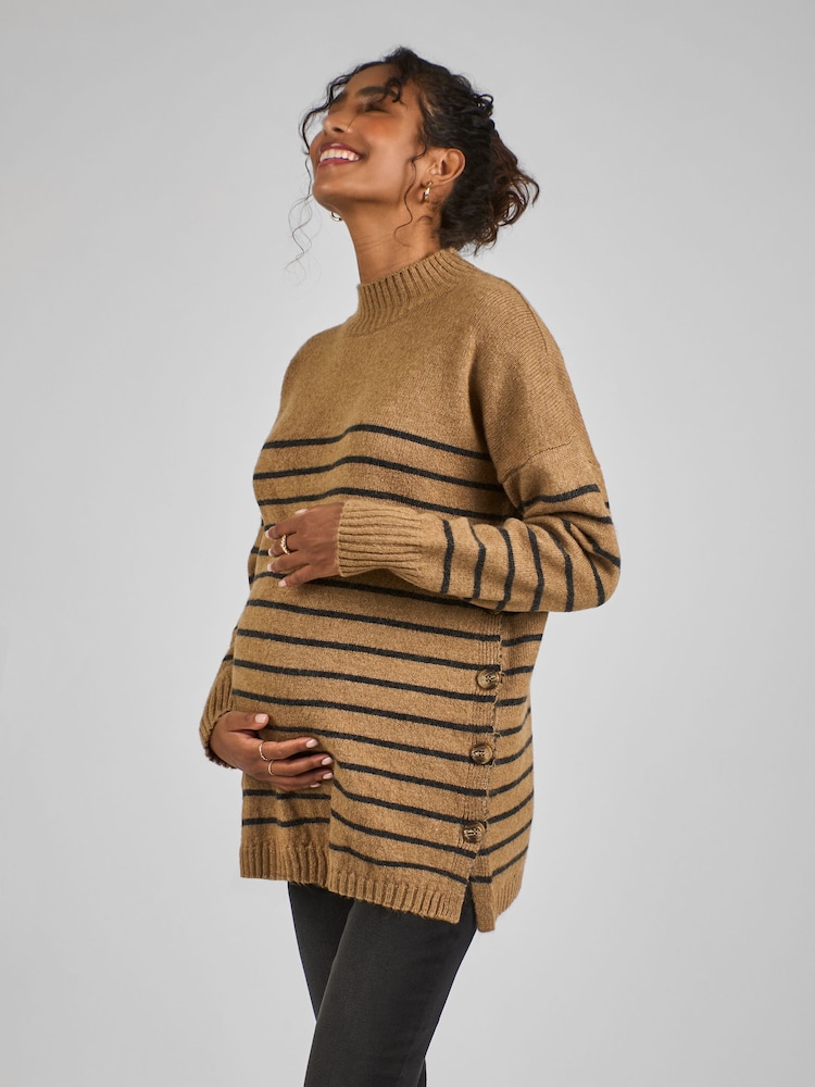 JoJo Maman Bébé Camel Brown Stripe Turtle Neck Maternity & Nursing Jumper - Image 1 of 4
