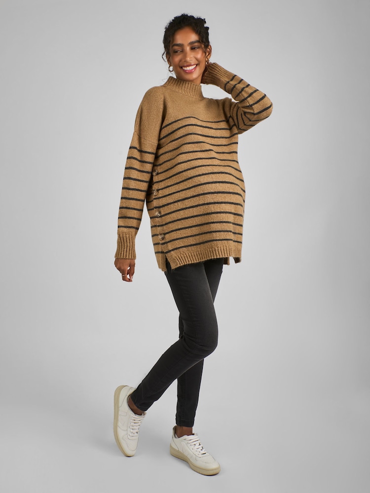 JoJo Maman Bébé Camel Brown Stripe Turtle Neck Maternity & Nursing Jumper - Image 3 of 4