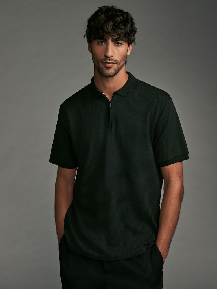Olive Vihreä - Lyhyt hiha Textured Quarter Zip Pikeepaidat - Kuva 2 / 8