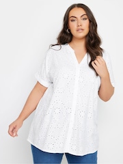 Yours Curve White 100% Cotton Broderie Notch Neck Top - Image 1 of 5