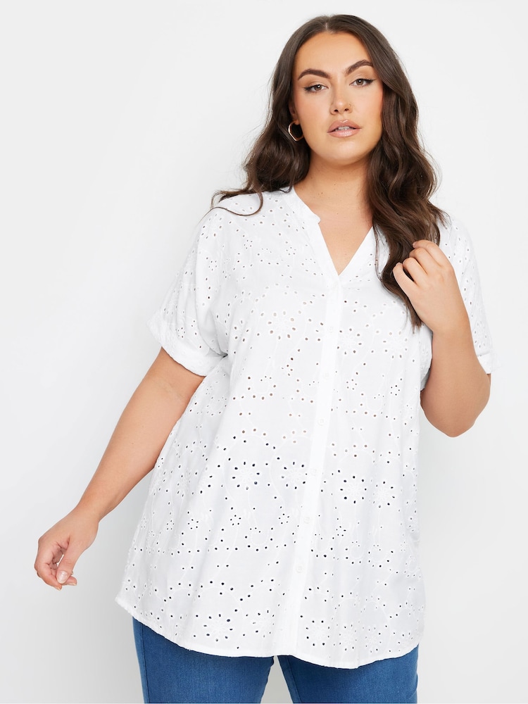 Yours Curve White 100% Cotton Broderie Notch Neck Top - Image 1 of 5 Yours Curve White 100% Cotton Broderie Notch Neck Top - Image 1 of 5