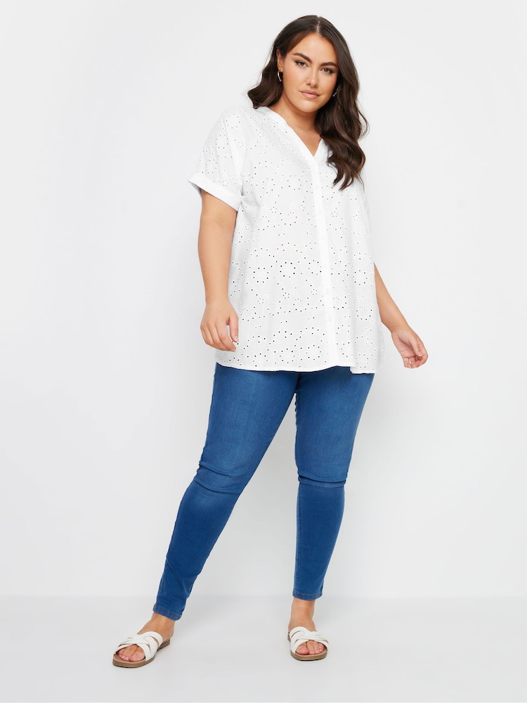 Yours Curve White 100% Cotton Broderie Notch Neck Top - Image 2 of 5 Yours Curve White 100% Cotton Broderie Notch Neck Top - Image 2 of 5