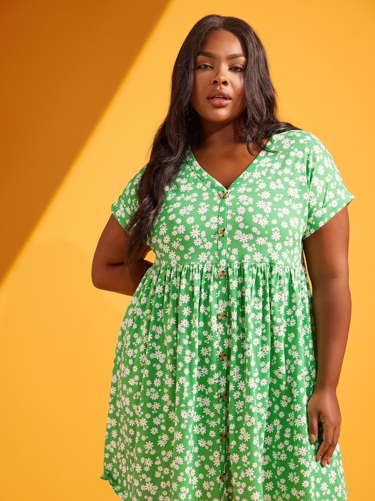 Yours Curve Green 100% Cotton Ditsy Floral Print Button Front Smock Dress - Image 1 of 3