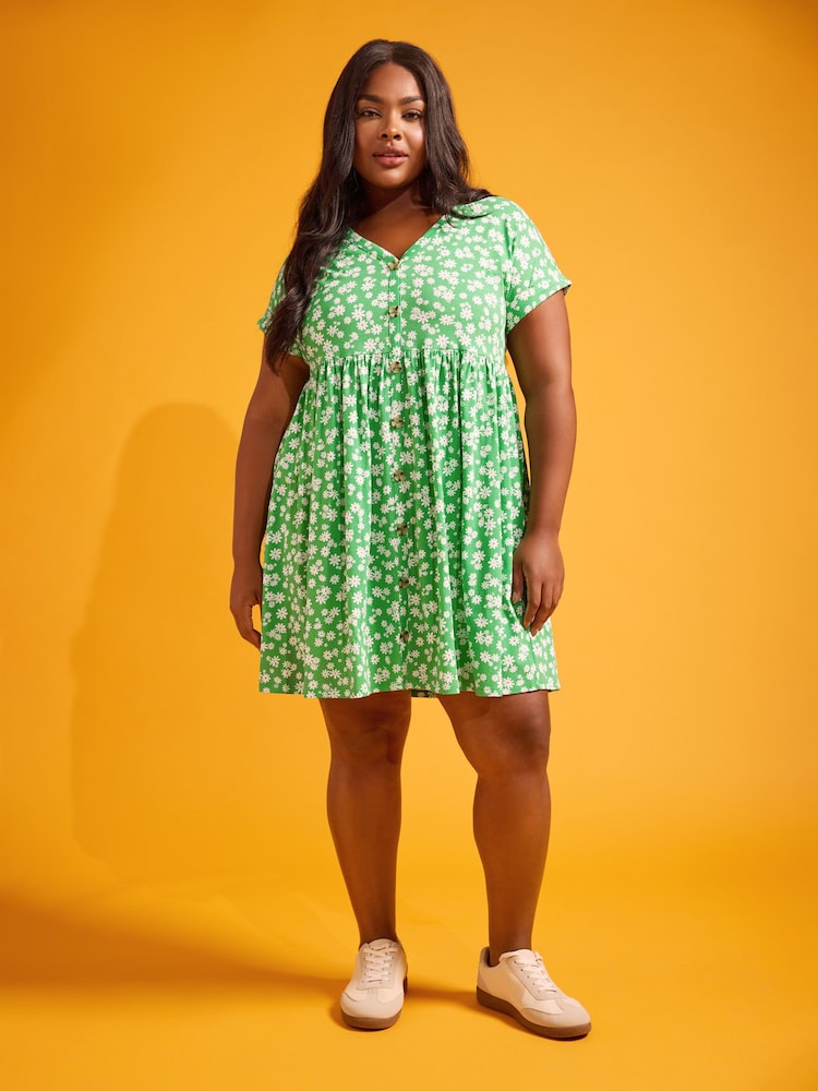 Yours Curve Green 100% Cotton Ditsy Floral Print Button Front Smock Dress - Image 2 of 3