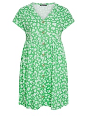 Yours Curve Green 100% Cotton Ditsy Floral Print Button Front Smock Dress - Image 3 of 3