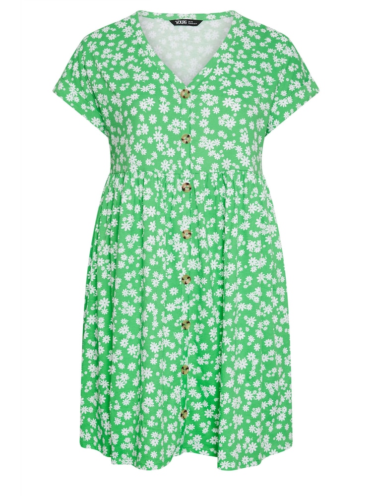 Yours Curve Green 100% Cotton Ditsy Floral Print Button Front Smock Dress - Image 3 of 3