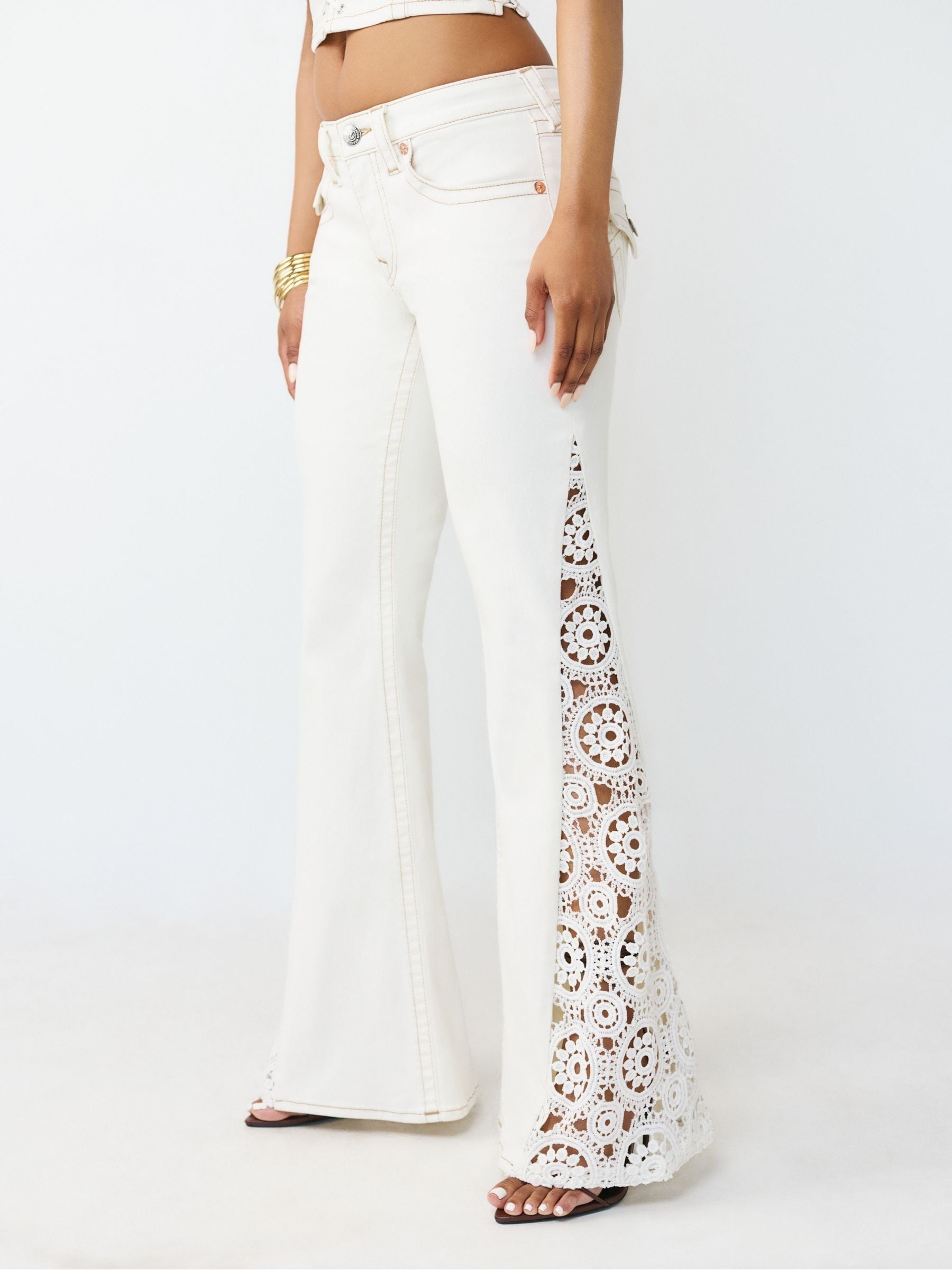 Buy True Religion White Crochet Mid Rise Flare Flap Jeans from