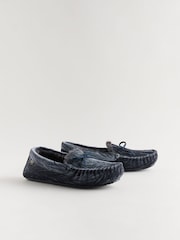 Navy Jaquard Velvet Moccasin Faux Fur Lined Slippers - Image 1 of 5