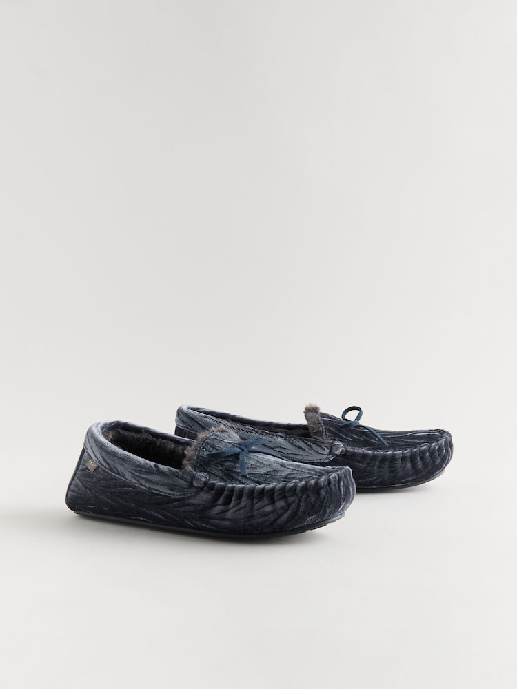 Navy Jaquard Velvet Moccasin Faux Fur Lined Slippers - Image 1 of 5