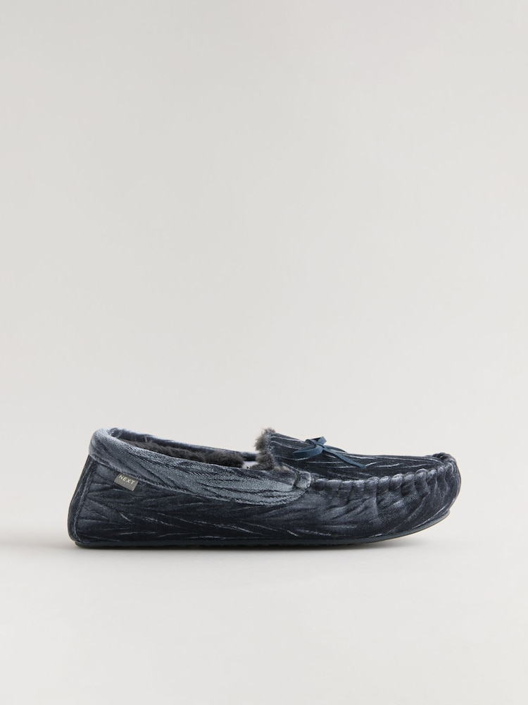 Navy Jaquard Velvet Moccasin Faux Fur Lined Slippers - Image 2 of 5