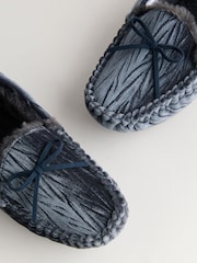 Navy Jaquard Velvet Moccasin Faux Fur Lined Slippers - Image 3 of 5